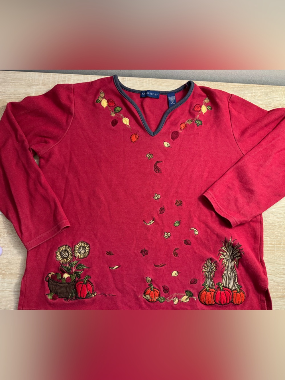 Karen Scott Red Pullover Sweatshirt with Autumn Embroidery